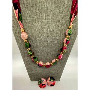 Vintage fabric necklace and matching earrings, beautiful deep royal colours